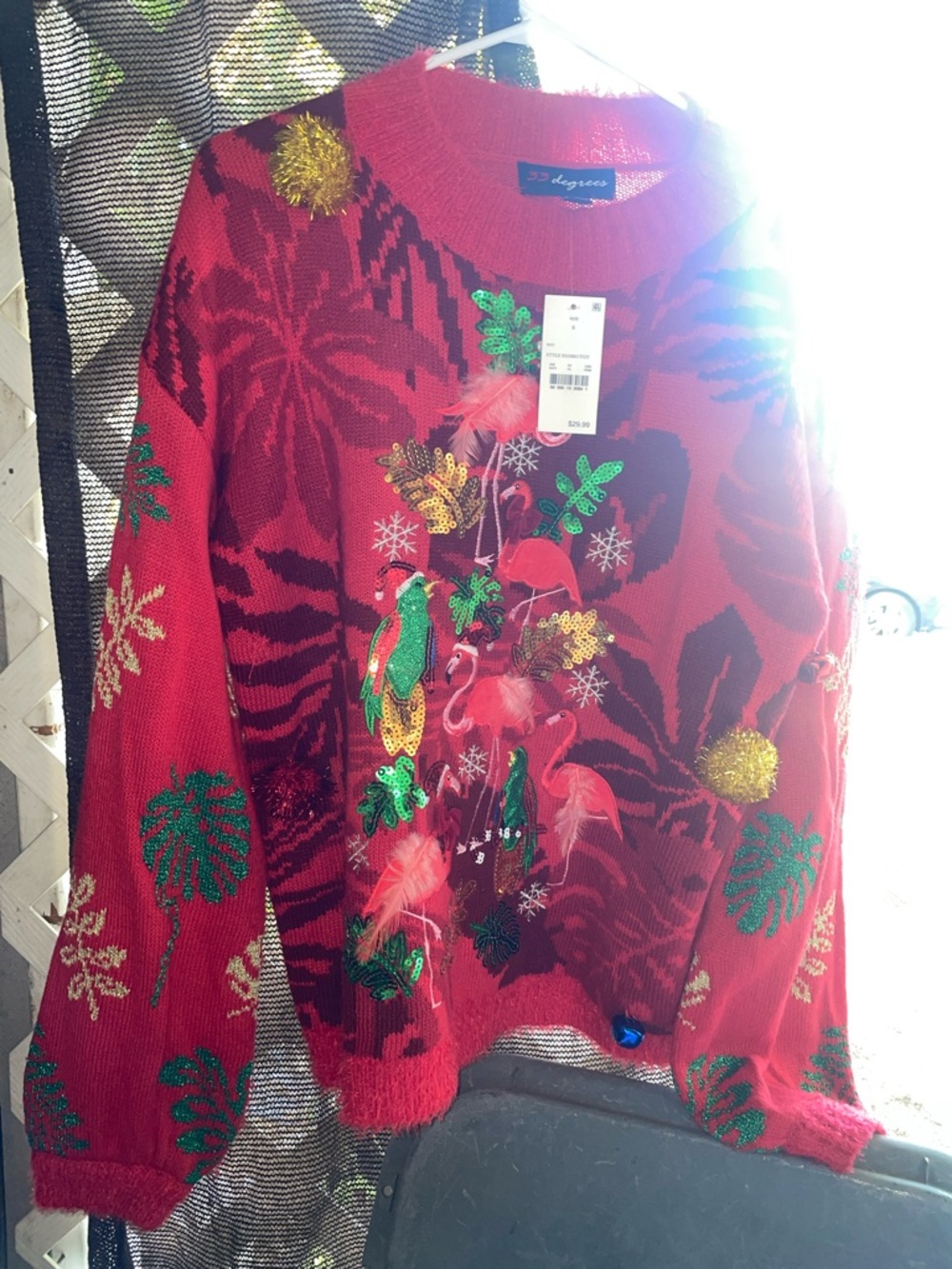 32 Degrees Hot Red Fuzzy Knit Sweater with Green Sequin Accent